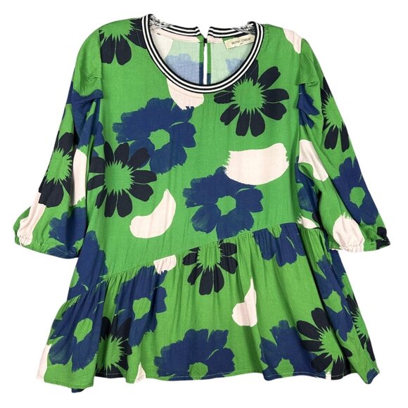 Jazmin Chebar Floral Peplum Asymmetrical Top Medium Green Luxury Sporty Preppy - Picture 1 of 12